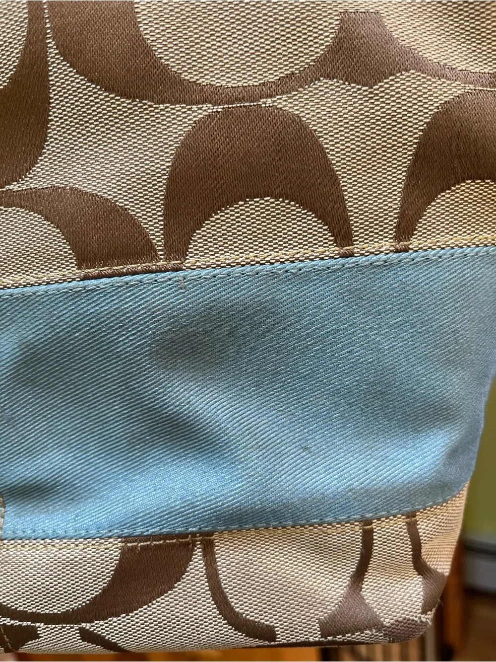 Coach Brown Signature Canvas Tote with Light Blue Trim
